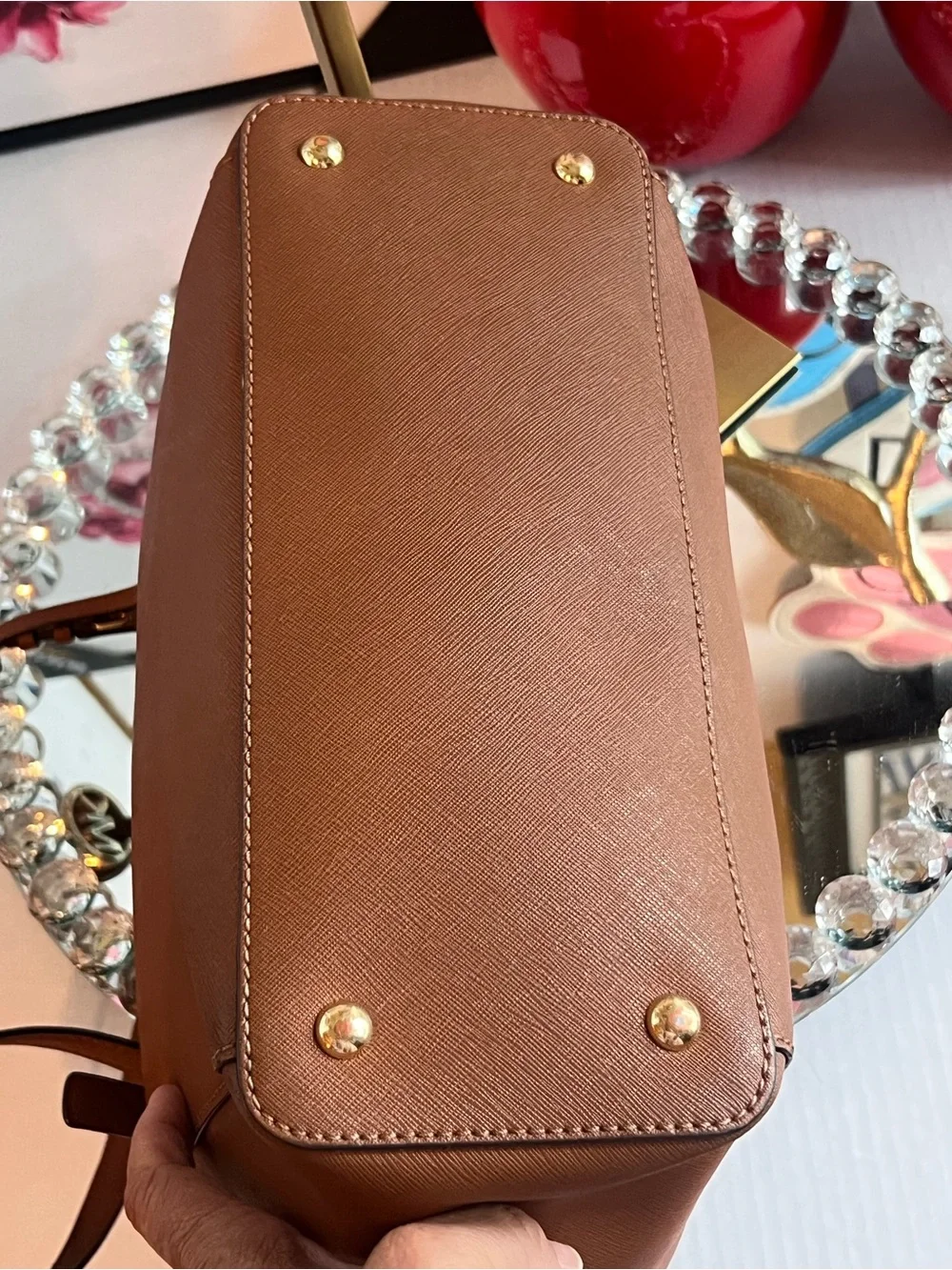 Michael Kors Brown Leather Saffiano Tote with Gold Logo Charm